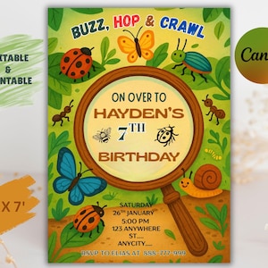 Könnte beinhalten: Eine farbenfrohe Geburtstagseinladung mit einem Lupen-Design. Die Einladung enthält den Text "Buzz, Hop & Crawl" und "Haydens 7. Geburtstag". Die Einladung ist 12,7 x 17,8 cm groß und enthält Eventdetails.