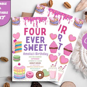 Four Ever Sweet Birthday Invitation, Candy Sweet Donut 4th Birthday Party Girl Invite, Ice cream Sweet Celebration Invite,Editable Printable
