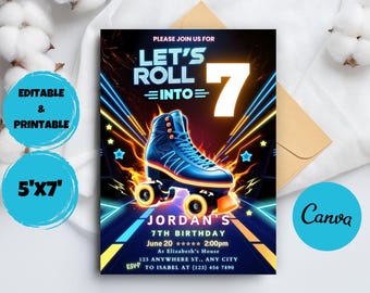 Puede incluir: Invitación de cumpleaños editable de 5x7 pulgadas con un diseño en neón azul y amarillo. La invitación presenta un patín con el texto "Let's Roll into 7" y "Jordan's 7th Birthday".