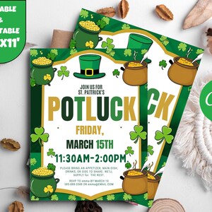 Könnte beinhalten: Druckbare Einladung zu einem St. Patrick's Day Potluck. Die Einladung zeigt ein grünes Kleeblatt-Design mit goldenen Akzenten und einem Topf voller Gold. Der Text lautet: "Schließen Sie sich uns für St. Patrick's Potluck an, Freitag, 15. März, 11:30 Uhr bis 14:00 Uhr. Bitte bringen Sie einen Appetizer, ein Hauptgericht, Getränke oder eine Beilage zum Teilen mit. Wir liefern den Rest. RSVP an [email protected] bis zum 10. März, 585-888-5588 oder [email protected]"