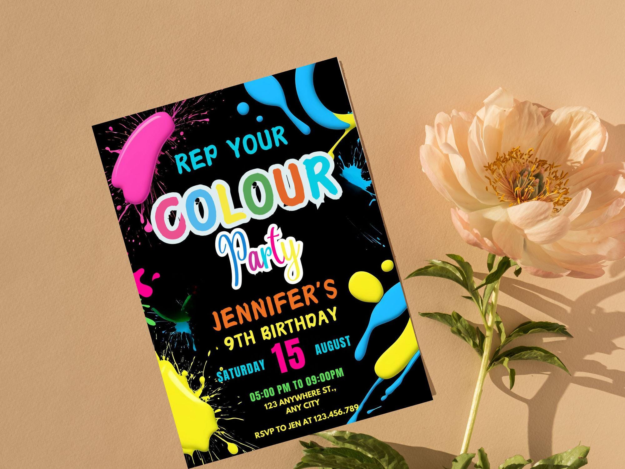 Editable Color Splash Birthday Invitation: Rep Your Color Party (5x7 ...