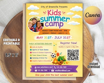 Folleto para campamento de verano infantil, plantilla editable para eventos tipo bootcamp (8.5 x 11 pulgadas)