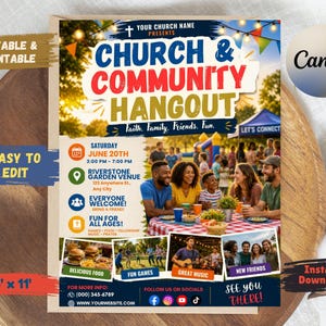 May include: A colorful flyer promoting a Church & Community Hangout event. The design includes text, photos, and graphics. The flyer is 8.5 x 11 inches and includes the text "Editable & Printable" and "Easy to Edit".