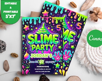 May include: A colorful invitation for a slime party with a green slime character, dripping slime, stars, and the text "Slime Party" and "Jordan's". The invitation is 5x7 inches and is editable and printable.