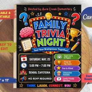 May include: A colorful flyer for a Family Trivia Night event. The design features a chalkboard-style background with the event title in bright colors. Includes event details such as date, time, location, and RSVP information. The flyer is 8.5 x 11 inches.