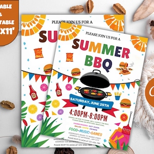 Könnte beinhalten: Zwei druckbare Sommer-BBQ-Party-Einladungen. Das Design zeigt ein farbenfrohes Layout mit den Worten "Summer BBQ" und Veranstaltungsdetails. Enthält Illustrationen von Burgern, Hot Dogs und einem Grill. Die Einladungen sind 21,6 cm x 27,9 cm groß.