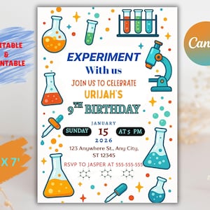 May include: A colorful science-themed birthday party invitation. The design features beakers, test tubes, and a microscope. The invitation includes the text "Experiment With Us" and details for Urijah's 9th birthday, including the date, time, and location.