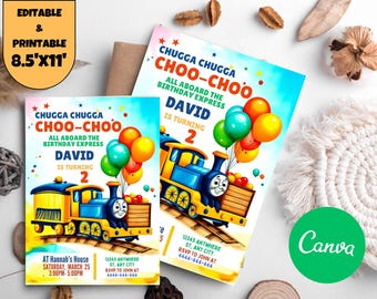 Train Birthday Invitation Template, Choo Choo Party, Canva Editable (Digital Download 8.5" x 11")