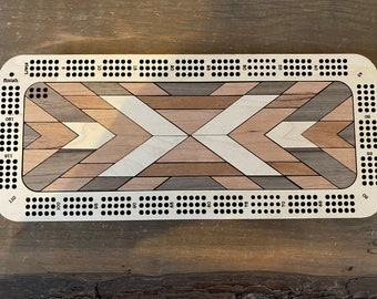 Handmade Rectangle 3 Track Cribbage Board with Geometric Pattern-Laser Engraved-Laser Cut