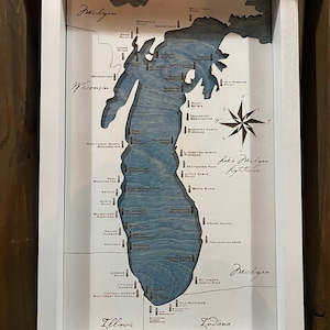 Handmade Lake Michigan Lighthouse Map