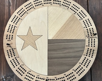 Handmade Texas State Flag Round 3 Track Cribbage Board-Laser Cut-Laser Engraved