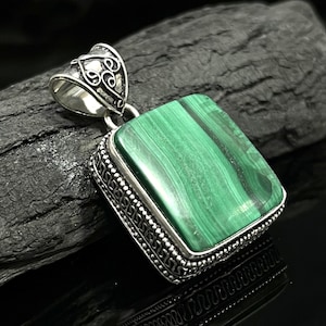 Malachite Pendant Natural Green Malachite Loose Gemstone Vintage Pendant Handmade 925 Sterling Silver Jewelry Pendant Gift For Her
