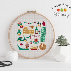 Italy Cross Stitch Pattern PDF, travel cross stitch, around the world cross stitch, Italian , gondola, scooter, pizza