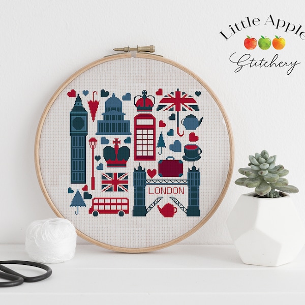 London Cross Stitch Pattern PDF – United Kingdom flag – Beginner, counted cross stitch, travel cross stitch pattern