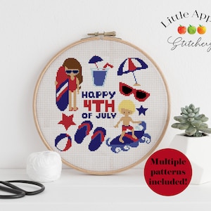 July 4th Cross Stitch Pattern PDF, US patriotic cross stitch pattern, Independence cross stitch, red white and blue, beach