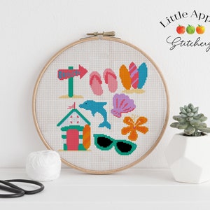 Beach Cross Stitch Pattern, summer CROSS STITCH pattern, dolphin cross stitch, beach hut, flip flops, DIY craft pattern, needlework