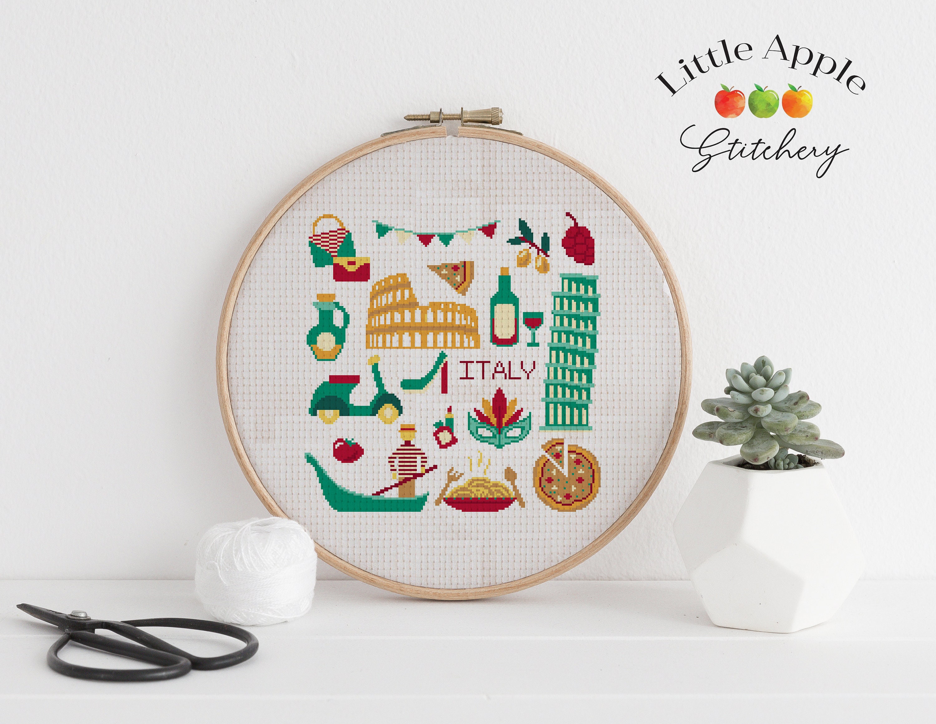 Italy Travel Cross Stitch Pattern: Gondola, Scooter, Pizza (PDF