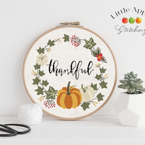Thankful Cross Stitch Pattern – Autumn Leaves Thanksgiving – Quick Stitch Project
