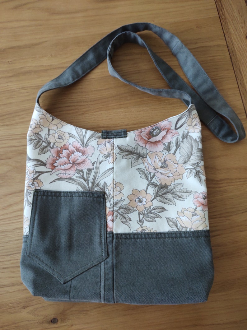 Handmade Messenger Bag in Khaki and Floral Fabrics Fully Lined with Inside Pockets