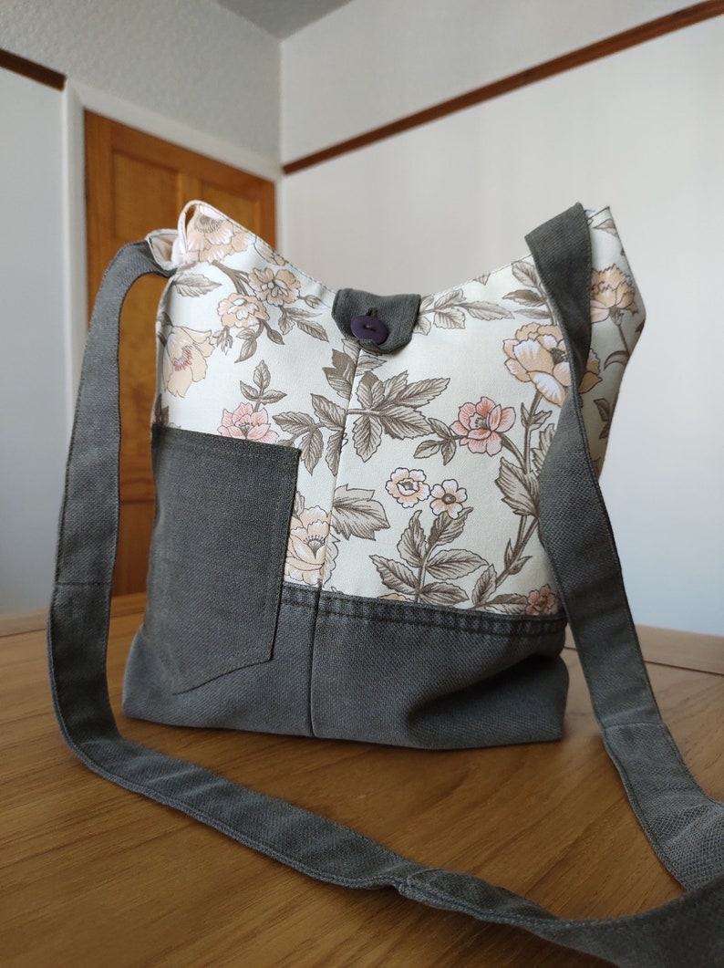 Handmade Messenger Bag in Khaki and Floral Fabrics Fully Lined with Inside Pockets