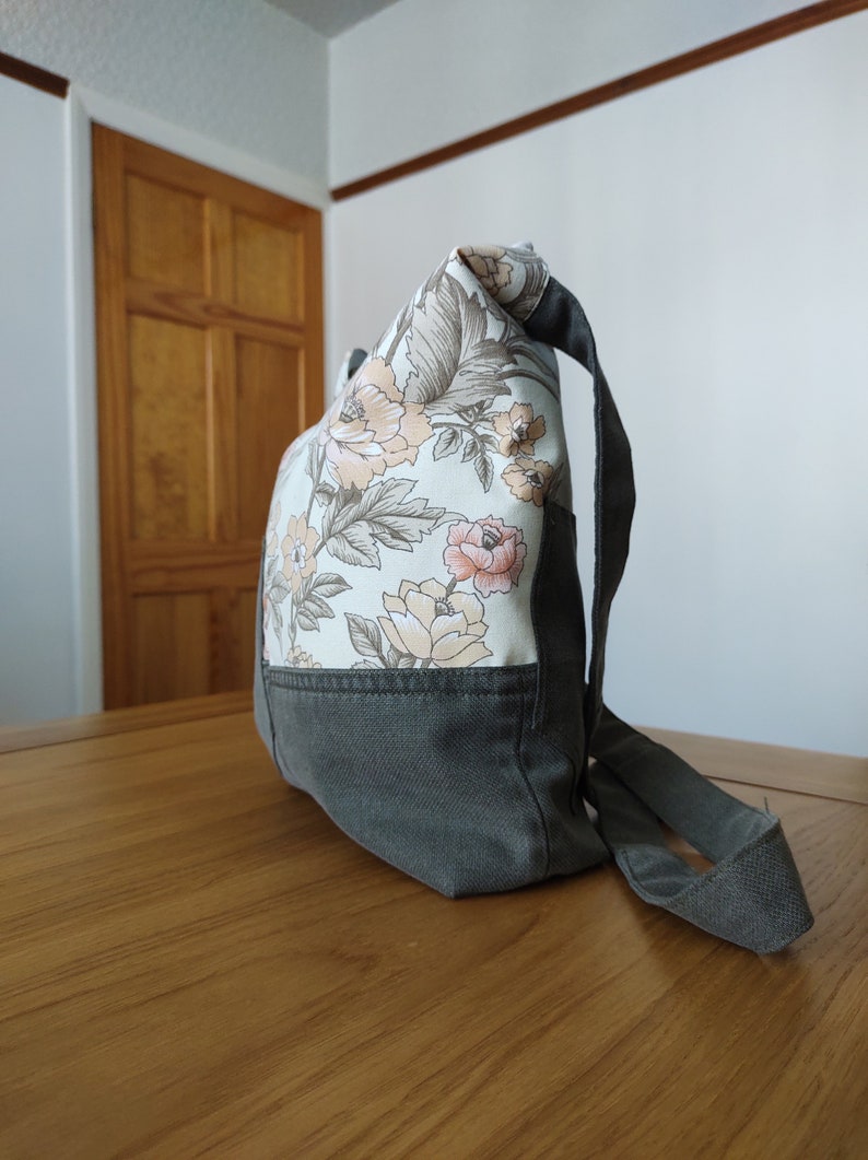 Handmade Messenger Bag in Khaki and Floral Fabrics Fully Lined with Inside Pockets