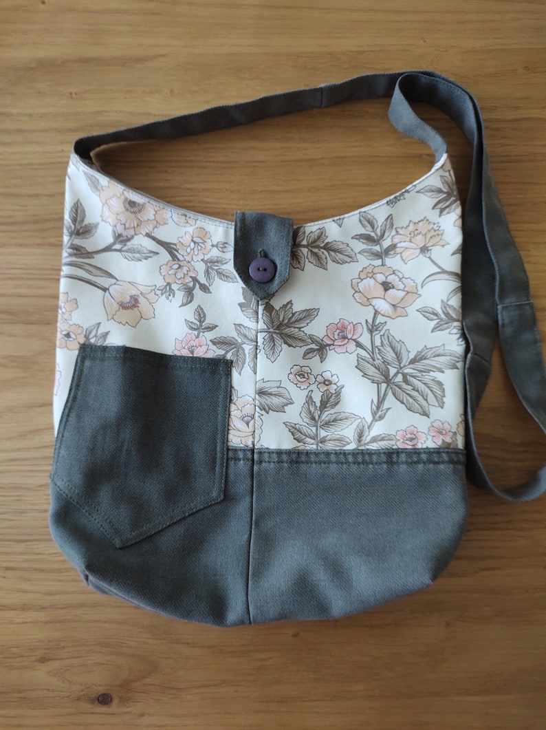 Handmade Messenger Bag in Khaki and Floral Fabrics Fully Lined with Inside Pockets