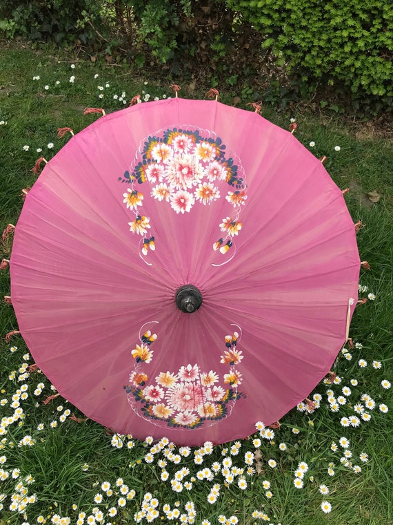 Vintage wooden floral parasol, vintage parasol, fl
