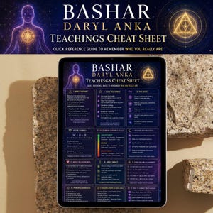 Puede incluir: Una tableta digital muestra una "Hoja de trucos de las enseñanzas de Bashar Daryl Anka". El texto es blanco y dorado sobre un fondo morado oscuro. La tableta está apoyada sobre una superficie de piedra texturizada de color marrón claro.