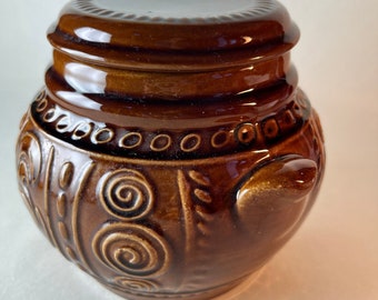 DDR Vintage Ceramic Pot with Lid, Brown Stone Pot, Country House Kitchen, Mid-Century, Earthenware, Storage