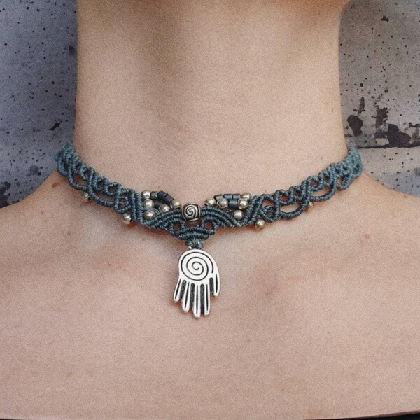 Tibetan Hand of Hamsa Choker, MicroMacrame Choker, Handcrafted Choker, Boho Choker, Hippie Necklace, Macrame jewelry, Gift Ideas Necklace