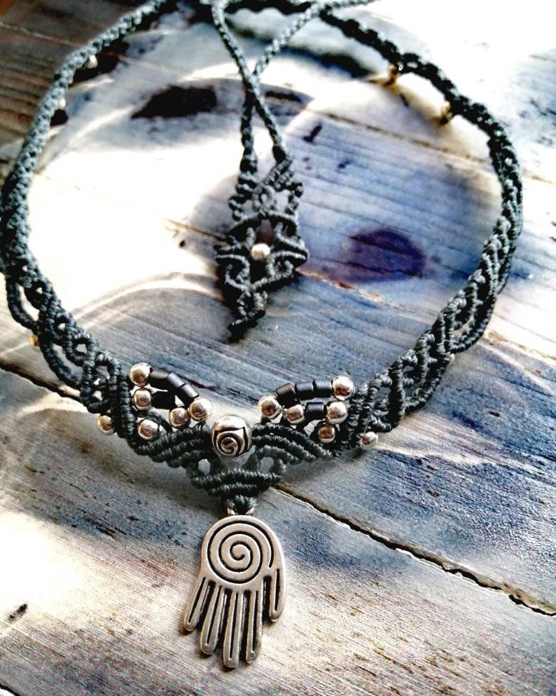 Tibetan Hand of Hamsa Choker MicroMacrame Handcrafted Boho Style Hippie jewelry Gift Ideas Vintage