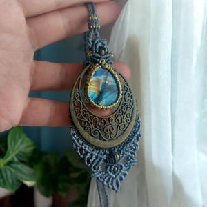 Labradorite Macrame Necklace: Pear Shape Gemstone, Tribal Brass Boho Pendant