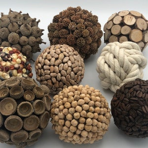 Decorative Balls & Bowl Fillers, Handmade Orbs, coffee beans, Indian corn, acorn caps, beans, rope monkey fist, mini pumpkin pods
