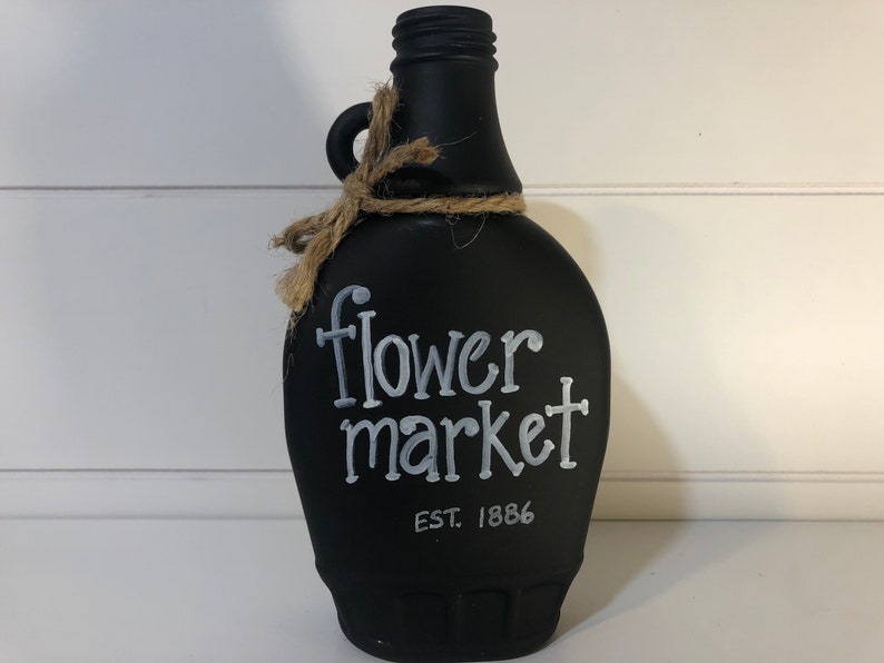 Flower Market\u201d unique gift for floral arranging Chalkboard Black with Hand Lettering Farmhouse Bottle Vases with Jute Bow