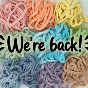 May include: A collection of coiled fabric yarn in pastel shades of pink, peach, yellow, light green, blue, lavender, and tan. The text "We're back!" is printed in black across the center of the colorful, tangled textile strands.