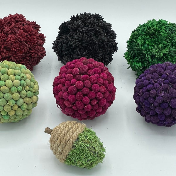 Decorative Balls & Bowl Fillers, Colorful Handmade Orbs, natural jackieberries and star flowers, acorn with jute and faux moss