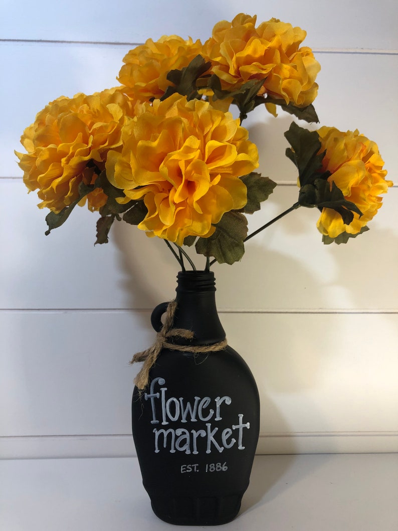 Flower Market\u201d unique gift for floral arranging Chalkboard Black with Hand Lettering Farmhouse Bottle Vases with Jute Bow