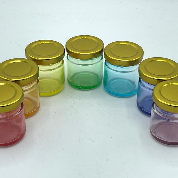 Tiny Rainbow Tinted Stained Glass Jars with lids, translucent painted, set of 7, use as decor or fill with treasures