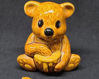 1970s Bear Honey Jar with Honey Dipper - Collectible Kitchen Decor - Ceramic Bear - Vintage Honey Pot