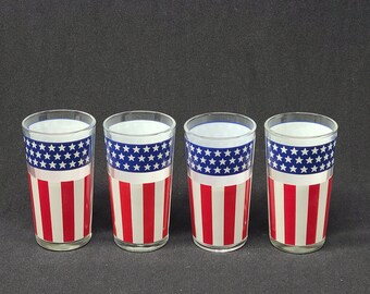 American Flag Vintage Glass Cups - Set of (4) - Patriotic Red White Blue Tumbler Water Glasses