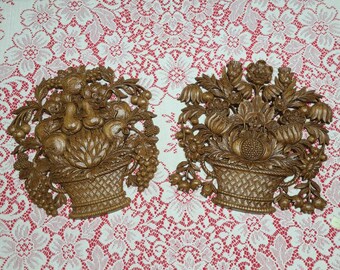 1966 Syroco Homco MCMLXVI Brown Resin Wood Flower & Fruit Basket Vintage Wall Art Decor Set