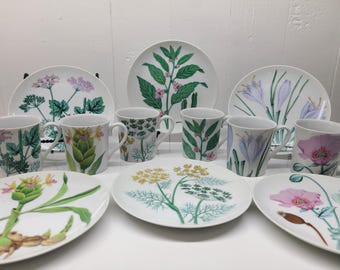 Vintage Horchow Botanical Collection - Complete (12) piece set - Salad Plates and Mugs - Made in Japan