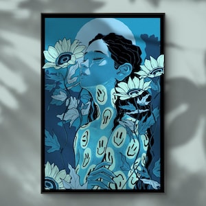 Anml de Jodasy, póster lofi, impresión artística lofi azul, arte softcore, estética azul, obra de arte lofi, arte mural psicodélico, póster nostálgico