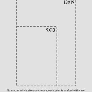 Puede incluir: Opciones de impresi&oacute;n para obras de arte, que muestran dos tama&ntilde;os: 9x13 pulgadas y 13x19 pulgadas. El texto dice "Opciones de impresi&oacute;n".