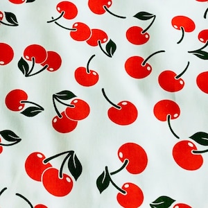 Retro Cherry Print Cotton Drill Fabric. Striking Cherry Print Fabric. Great Quality 100% Cotton Drill. Fruity Fruit Print