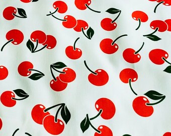 Retro Cherry Print Cotton Drill Fabric. Striking Cherry Print Fabric. Great Quality 100% Cotton Drill. Fruity Fruit Print