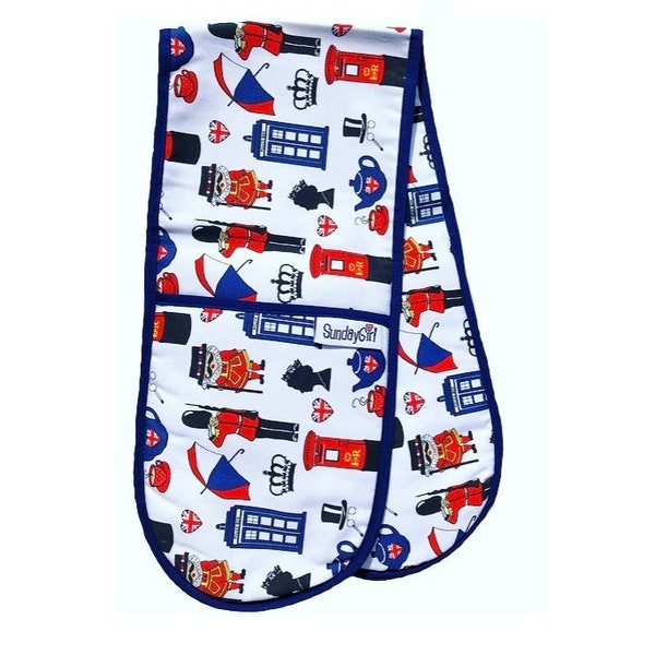 Quirky British London Oven Gloves - Hand Drawn British Icons - Union Jack Colours - Anglophile Gift - British Homeware - London Jubilee