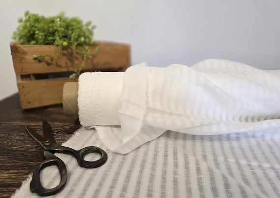 Striped milk white thin linen gauze fabric, Pure semi sheer linen fabric, Fabric by the yard or meter