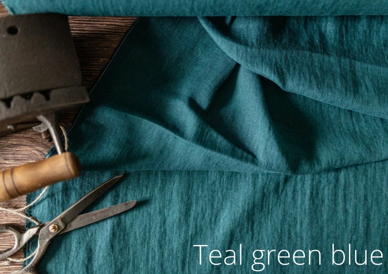 Linen fabric ocean blue, Washed softened flax fabrics, Fabric by the yard or meter Teal Green Blue