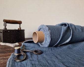 Silver blue linen fabric with wool, Fabric by the yard or meter, washed linen fabric